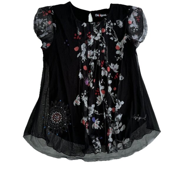 Desigual women's Top Sheer Embellished Rhinestones Floral Black Small - Picture 1 of 16